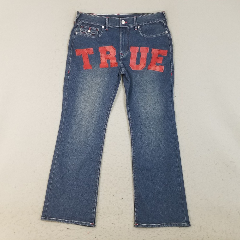 True Religion Jeans Mens 36 Blue Billy Relaxed Bootcut TRUE Red Leather Applique